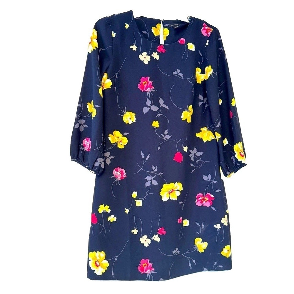 Ann Taylor Navy Blue Floral Shift Dress 3/4 Sleeve Size 2 491510